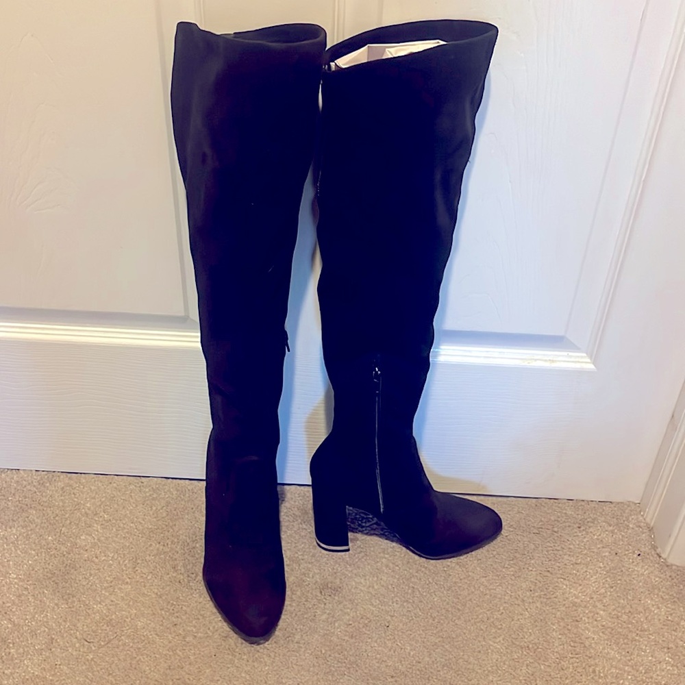 Marc Fisher Natier Over-The-Knee Black Boots Suede Leather Silver Block Heel